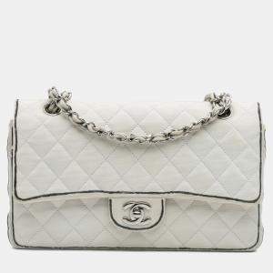 Pre Owned Chanel White Medium Classic Printed Grosgrain Double Flap