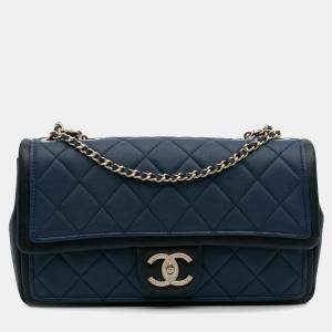 Pre Owned Chanel Blue Medium Bicolor Calfskin Graphic Flap