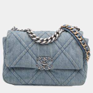 Pre Owned Chanel Blue Medium Double Stitched Denim 19 Flap