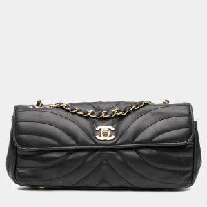 Pre Owned Chanel Black CC Quilted Lambskin East West Straight Flap