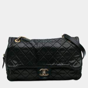 Pre Owned Chanel Black Large Quilted Iridescent Calfskin Shiva Flap