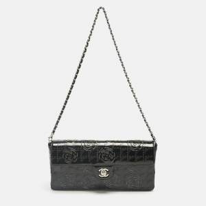 Pre Owned Chanel Black Patent Leather  Laser Cut Camellia East West Flap Bag