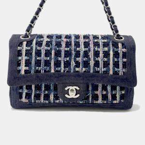 Pre Owned Chanel Matelasse W Flap Chain shoulder Navy Tweed Denim Leather