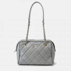 Pre Owned Chanel Luxury Line Chain shoulder Bag Light Gray Calf Leather