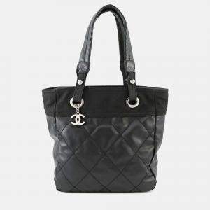 Pre Owned Chanel Paris-Biarritz Tote Black Coating Canvas Leather Size PM