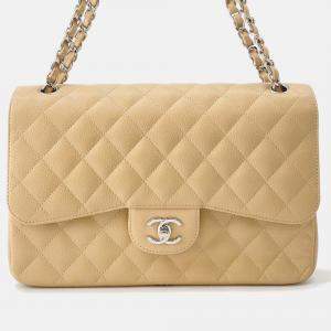 Pre Owned Chanel Matelasse W Flap Chain shoulder Bag Beige Caviar Leather Size 30