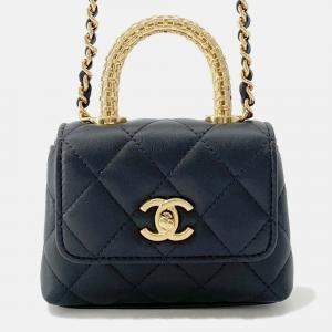 Pre Owned Chanel Coco Handle Chain shoulder Bag Black Lambskin Strass Size Micro