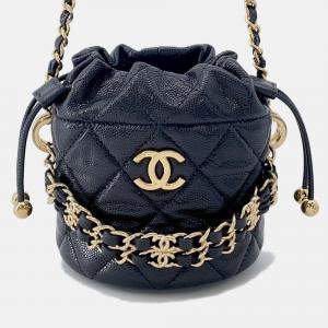 Pre Owned Chanel Matelasse Chain Bucket Bag Black Caviar Leather