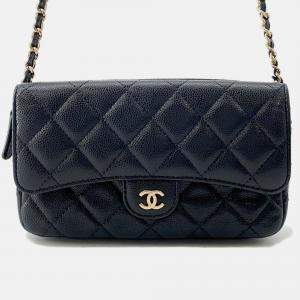Pre Owned Chanel Matelasse Flap Chain shoulder Phone Pouch Black Caviar Leather