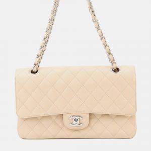 Pre Owned Chanel Matelasse W Flap Chain shoulder Bag Beige Caviar Leather Size 25