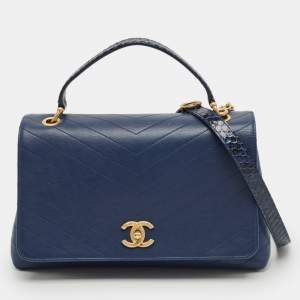 Pre Owned Chanel Navy Blue Chevron Leather and Python Business Affinity Flap Bag