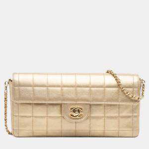 Pre Owned Chanel Gold CC Metallic Lambskin Choco Bar East West Flap