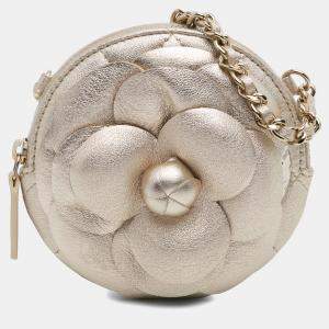 Pre Owned Chanel Gold Mini CC Metallic Lambskin Camellia Bouquet Round Clutch on Chain