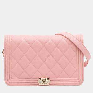 Pre Owned Chanel Pink Quilted Caviar Boy Wallet on Chain