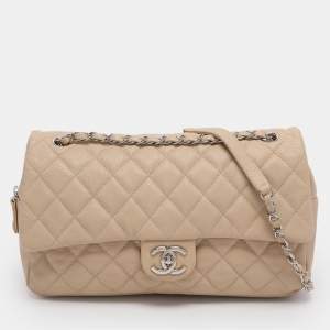 Pre Owned Chanel Beige Quilted Caviar Leather Large Easy Flap Bag