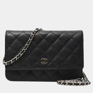 Pre Owned Chanel Classic Chain Wallet Matelasse Caviar Leather Black