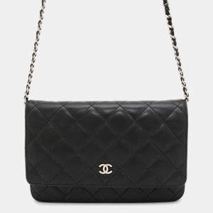 Pre Owned Chanel Chain Wallet Classic Matelasse Coco Mark Lambskin Black