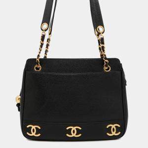 Pre Owned Chanel Chain Tote Bag With Triple Coco Mark And Caviar Leather Double Black