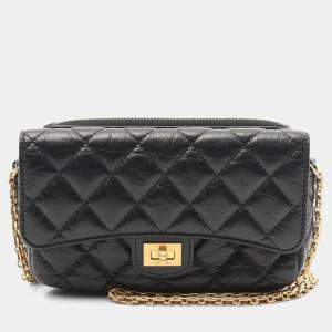 Pre Owned Chanel 2.55 Matelasse Shoulder Bag In Calfskin Leather Black