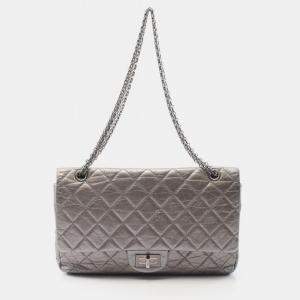 Pre Owned Chanel 2.55 Matelasse Maxi Silver Leather Double Flap Shoulder Bag 