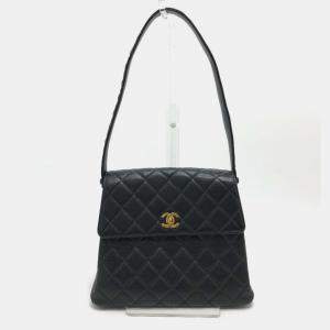Pre Owned Chanel Coco Mark Matelasse CC Black Caviar Leather Shoulder Bag