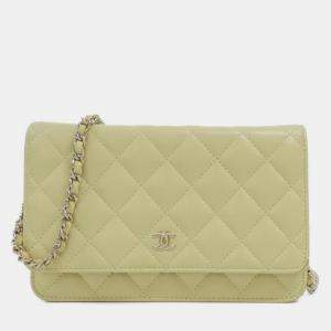 Pre Owned Chanel Timeless Classic Line Yellow Lambskin Leather Chain Wallet