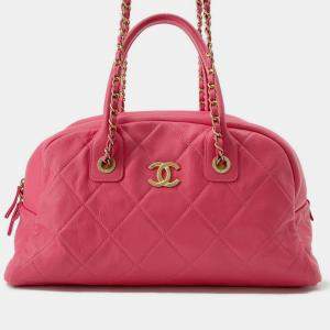 Pre Owned Chanel Pink Matelasse Coco Mark Bowling Bag In Calfskin Leather