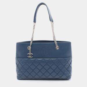 Pre Owned Chanel Matelasse Tote Bag Lambskin Leather Blue