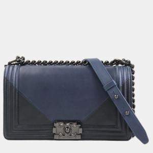 Pre Owned Chanel Boy Chanel Metal Navy Black Leather Shoulder Bag