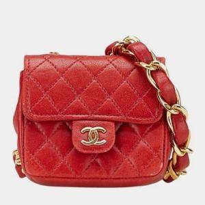 Pre Owned Chanel Coco Mark Mini Matelasse Chain Shoulder Bag Red Lambskin