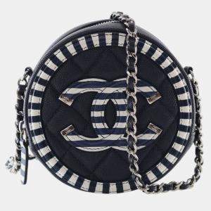 Pre Owned Chanel Navy Blue White Caviar Striped CC Filigree Round Crossbody
