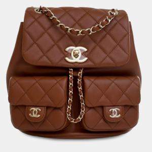 Pre Owned Chanel Brown Small Quilted Calfskin Duma Pockets Drawstring Backpack