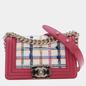 Pre Owned Chanel Pink White Small Tweed and Lambskin Boy Flap
