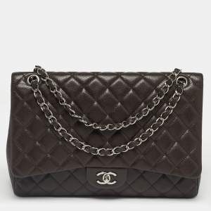 Pre Owned Chanel Dark Brown Quilted Caviar Leather Maxi Classic Single Flap Bag
