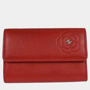 Pre Owned Chanel Red Calfskin Camellia Coin Purse Wallet
