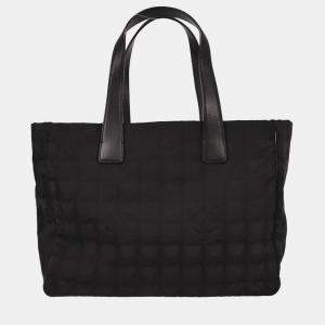 Pre Owned Chanel Black Jacquard Nylon Travel Line Tote Handbag