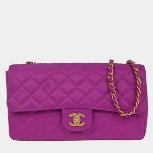Pre Owned Chanel Purple Nylon Medium Single Flap Shoulder Bag