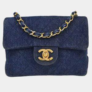 Pre Owned Chanel Indigo Denim Mini Classic Square Flap Shoulder Bag