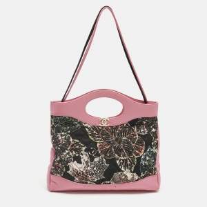 Pre Owned Chanel Pink/Black Printed Quilted Canvas and Leather Medium 31 Shopper Tote