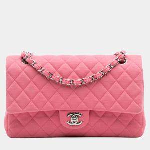 Pre Owned Chanel Pink Medium Classic Jersey Double Flap