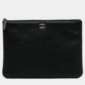 Pre Owned Chanel Black Medium Caviar Lucky Clover O Case Clutch