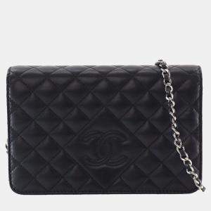 Pre Owned Chanel Black CC Quilted Lambskin Diamond Wallet On Chain