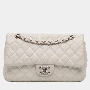 Pre Owned Chanel White Medium Classic Caviar Double Flap