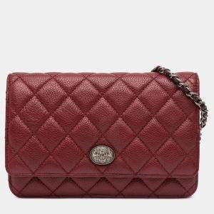 Pre Owned Chanel Red CC Quilted Caviar Wallet on Chain