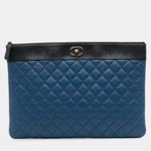 Pre Owned Chanel Blue Large Bicolor Sheepskin Mademoiselle Zip Clutch