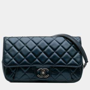 Pre Owned Chanel Blue Medium Quilted Glazed Calfskin Coco Pleats Flap