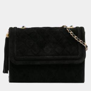 Pre Owned Chanel Black Quilted Suede Tassel Flap