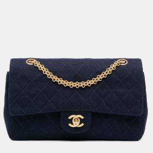 Pre Owned Chanel Blue Medium Classic Jersey Double Flap