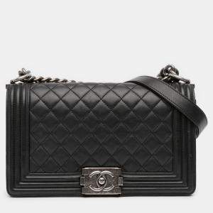 Pre Owned Chanel Black Old Medium Quilted Lambskin Boy Flap