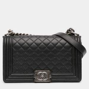 Pre Owned Chanel Black Old Medium Quilted Lambskin Boy Flap